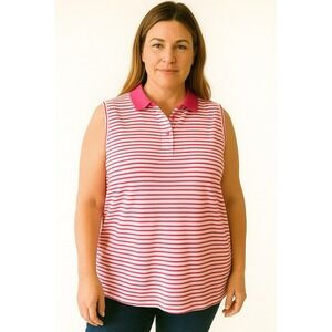 Cabin Creek Women's T-shirt Polo Pink Red White Striped Collared Sleeveless PXL